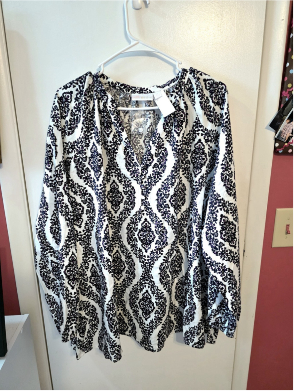 NEW Belle by Kim Gravel Medallion Blouse White Black Purple Size 2X